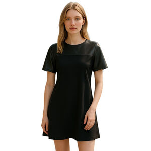 Ann Taylor Black Ponte Mini Dress Faux Leather Sleeve 4P